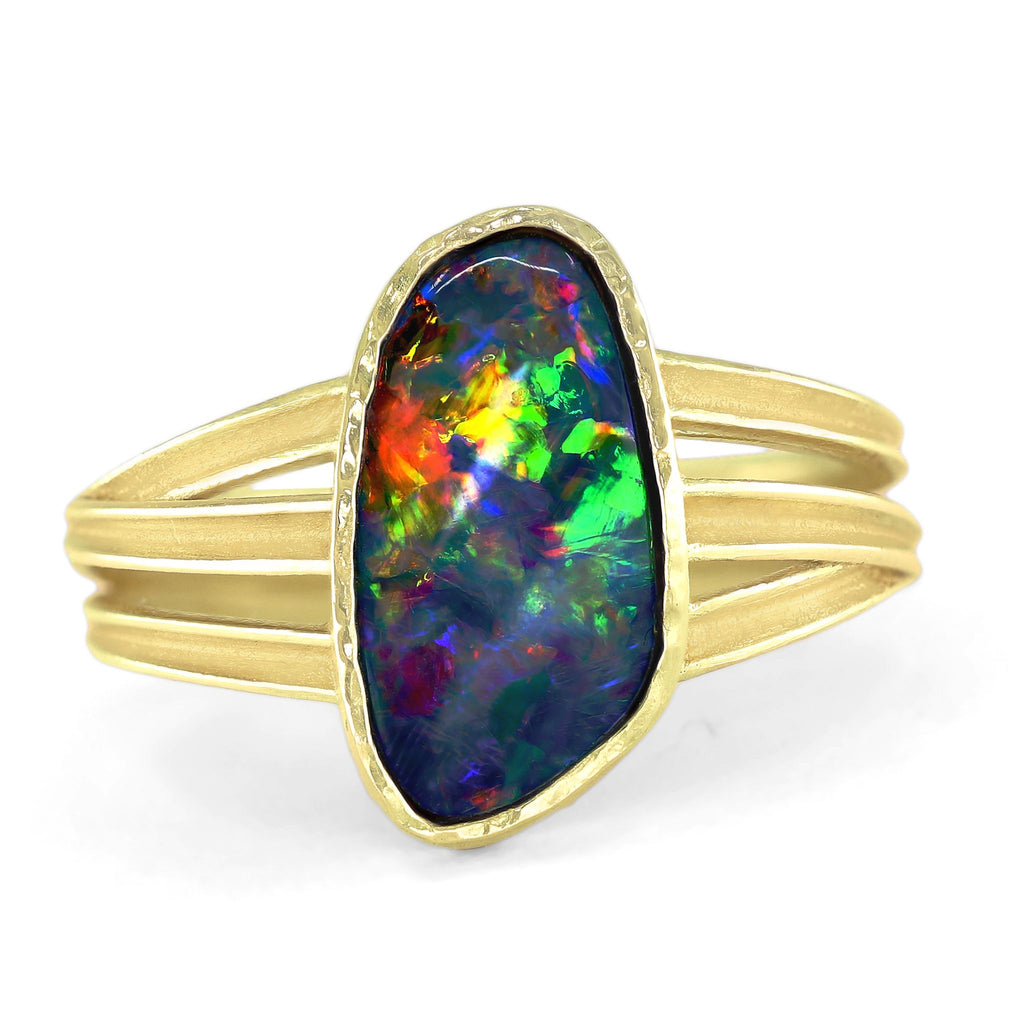 Barbara Heinrich Fiery Boulder Opal One of a Kind Gold Ribbon Ring