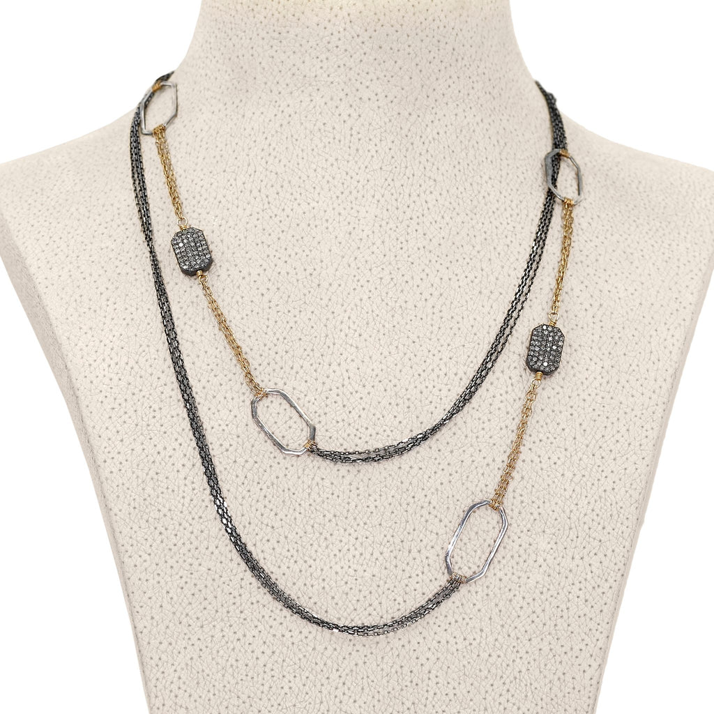 Dana Kellin Diamond Octagons Gold Oxidized Silver Long Chain Necklace