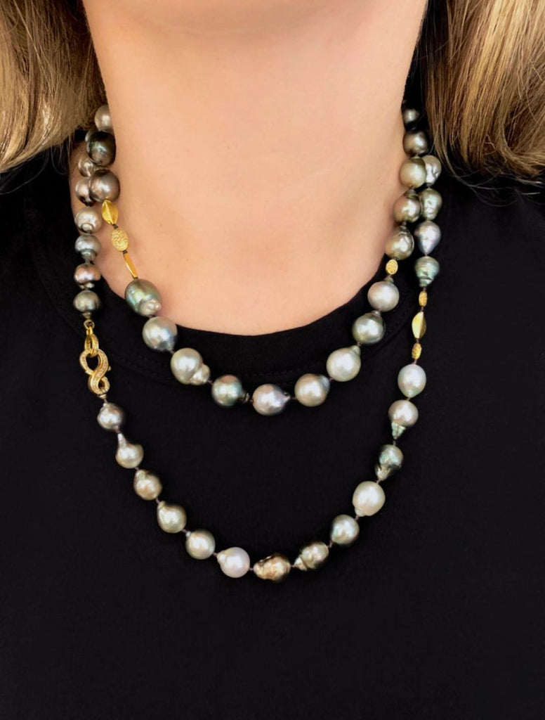 Just Jules Tahitian Baroque Pearl Diamond Gold Long Necklace