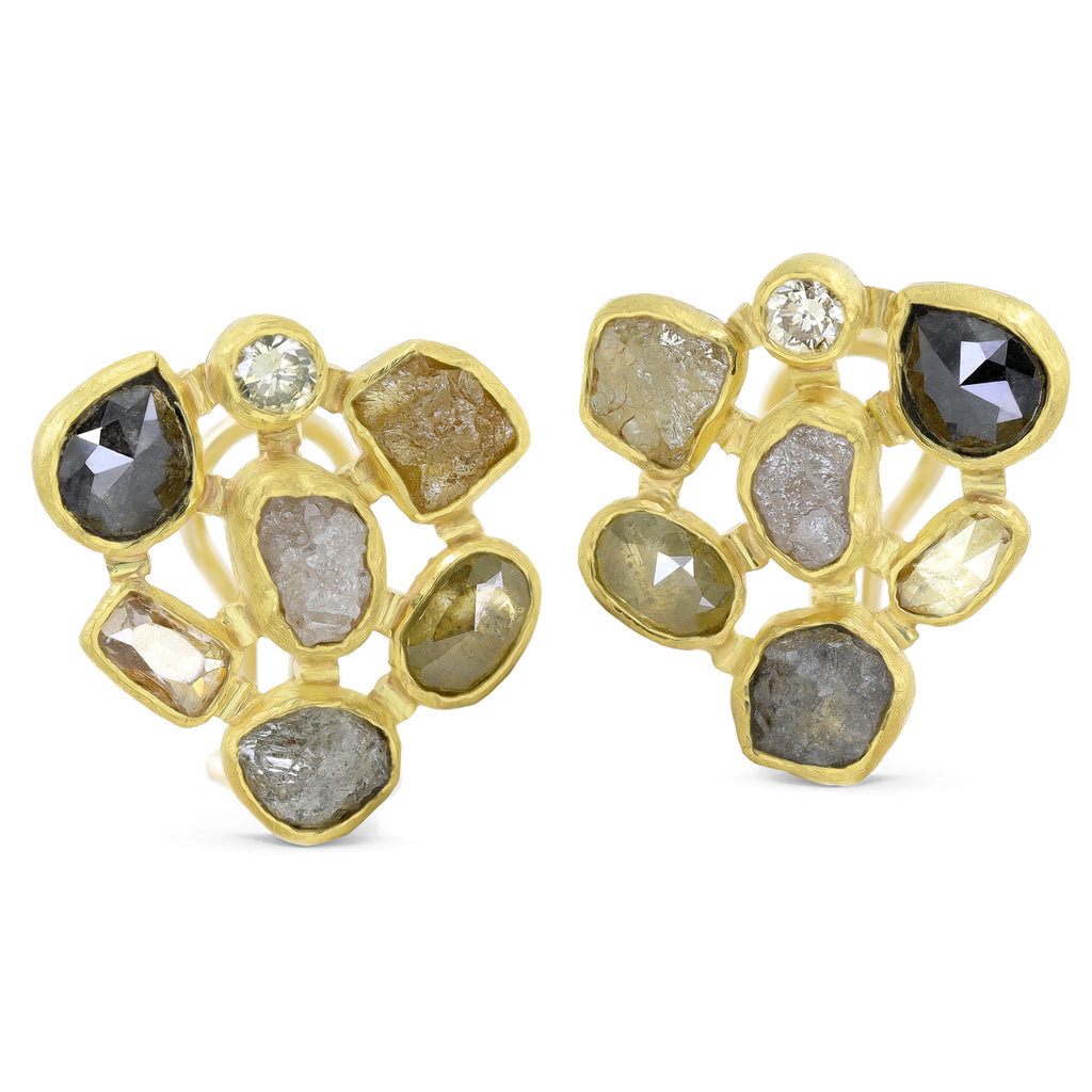 Petra Class Brilliant, Rose, Rough Diamond Mosaic Gold Stud Earrings