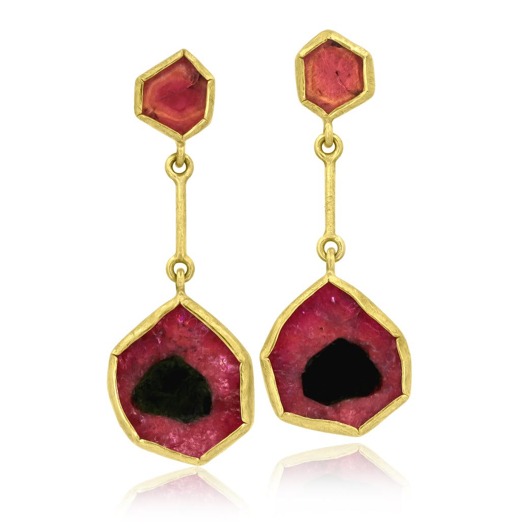 Petra Class Red + Bi-color Tourmaline Double Segment Gold Drop Earrings