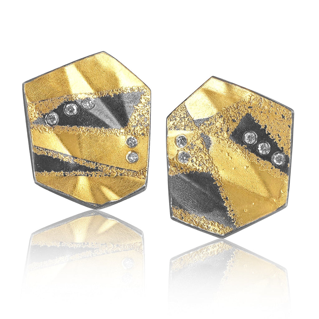 Atelier Zobel White Diamond Folded Gold Oxidized Silver Post Clip Stud Earrings Atelier Zobel