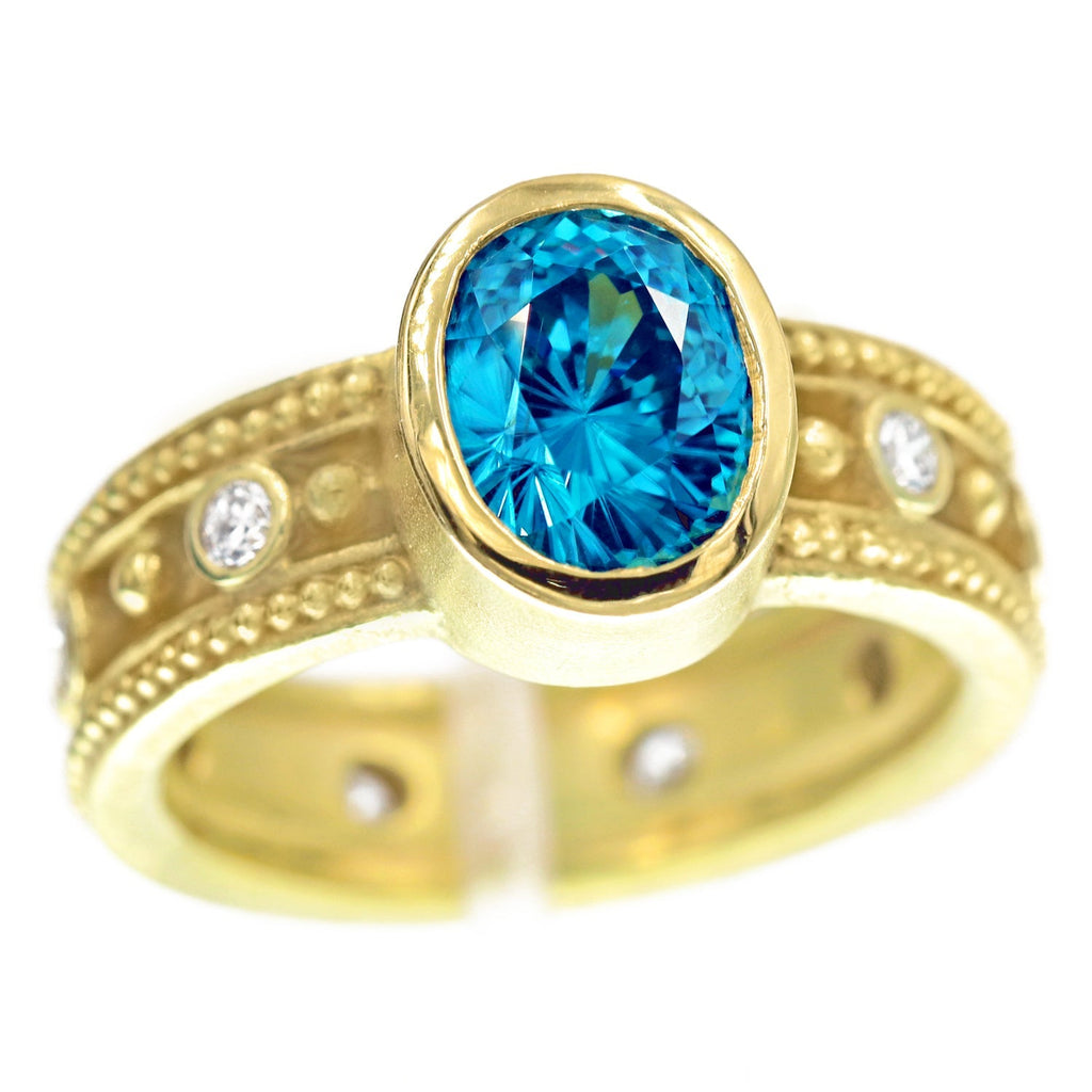 Barbara Heinrich Natural Oval Blue Zircon White Diamond Granulated Rim Ring Barbara Heinrich