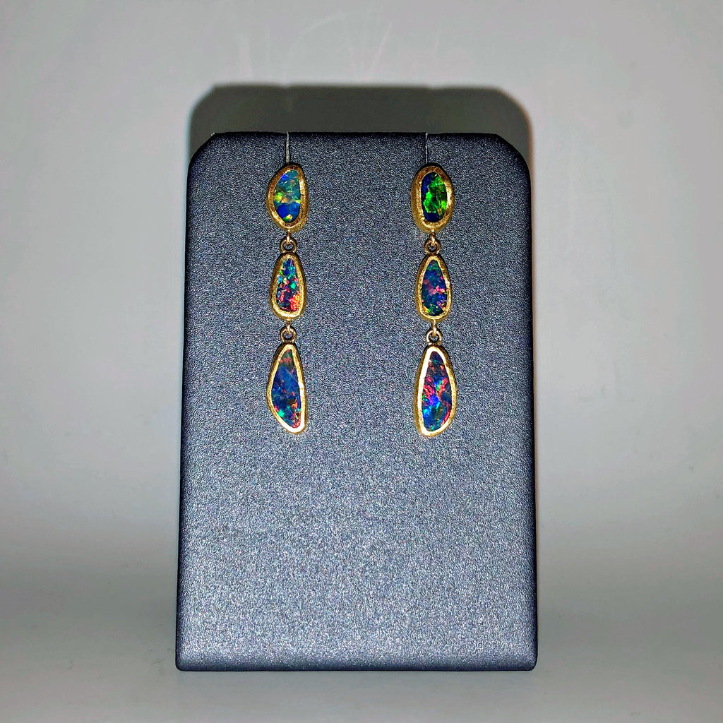 Devta Doolan Opal Doublet Rainbow Fire Triple Drop One-of-a-Kind Earrings Devta Doolan