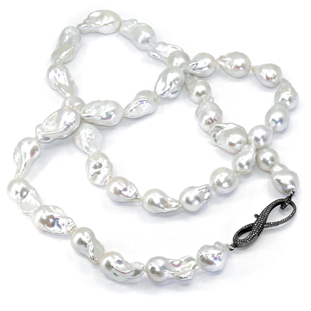Lori Barros Long White Freshwater Pearl Jumbo Diamond Infinity Necklace Lori Barros