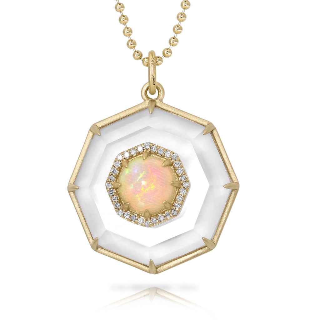 Liza Beth Fiery Opal Diamond Faceted Hexagonal Rock Crystal Gold Necklace Liza Beth Jewelry