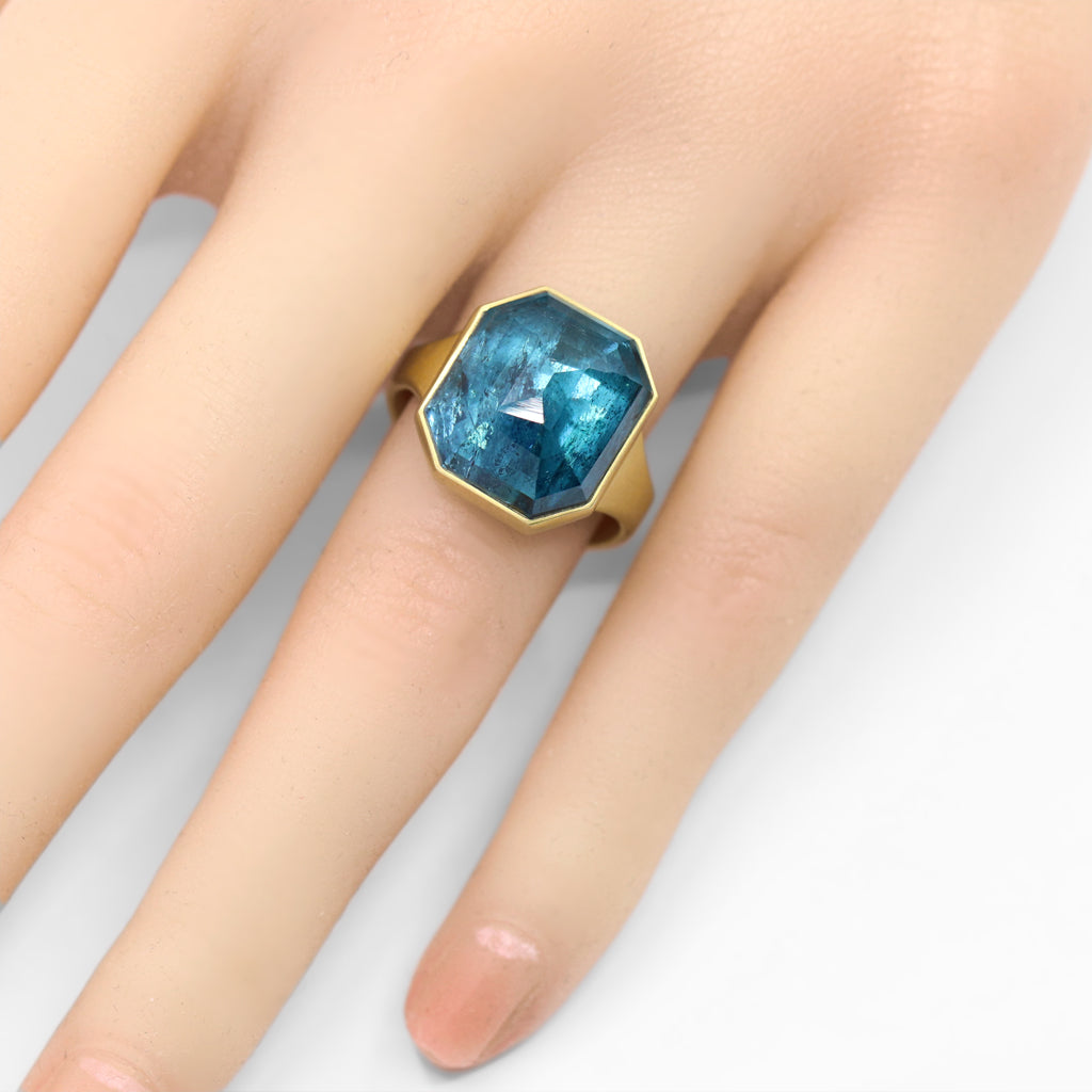 Lola Brooks 13.53 carat Deep Blue Indicolite Tourmaline Octagon Gold Ring Lola Brooks