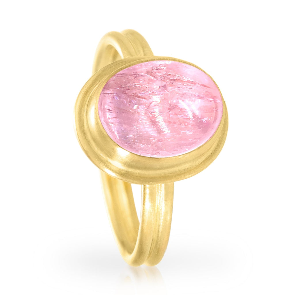 Monica Marcella Glowing Pink Topaz Oval Cabochon Ridged Gold Band Ring Monica Marcella