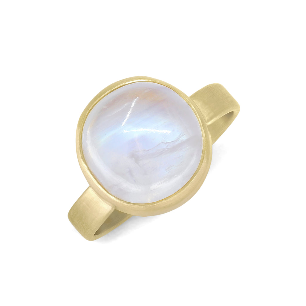 Monica Marcella Glowing Rainbow Moonstone Round Cabochon Yellow Gold Ring