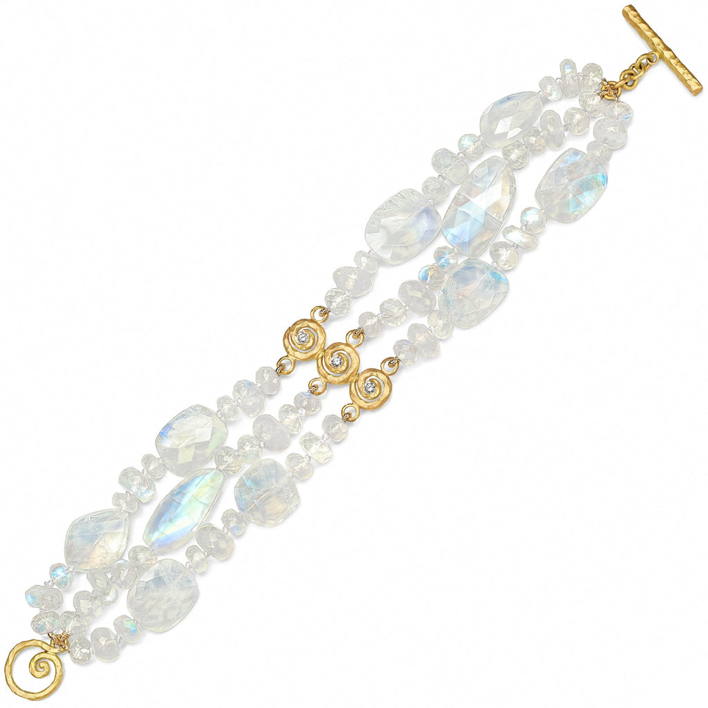 Pamela Froman Rainbow Moonstone White Diamond Gold Triple Scroll Bracelet Pamela Froman