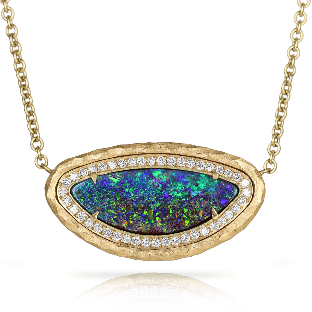 Pamela Froman Rainbow Fire Boulder Opal Diamond Gold Drop Necklace Pamela Froman