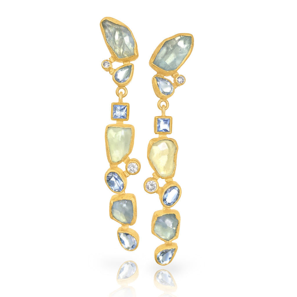 Petra Class Faceted + Rough Aquamarine White Diamond Gold Earrings Petra Class