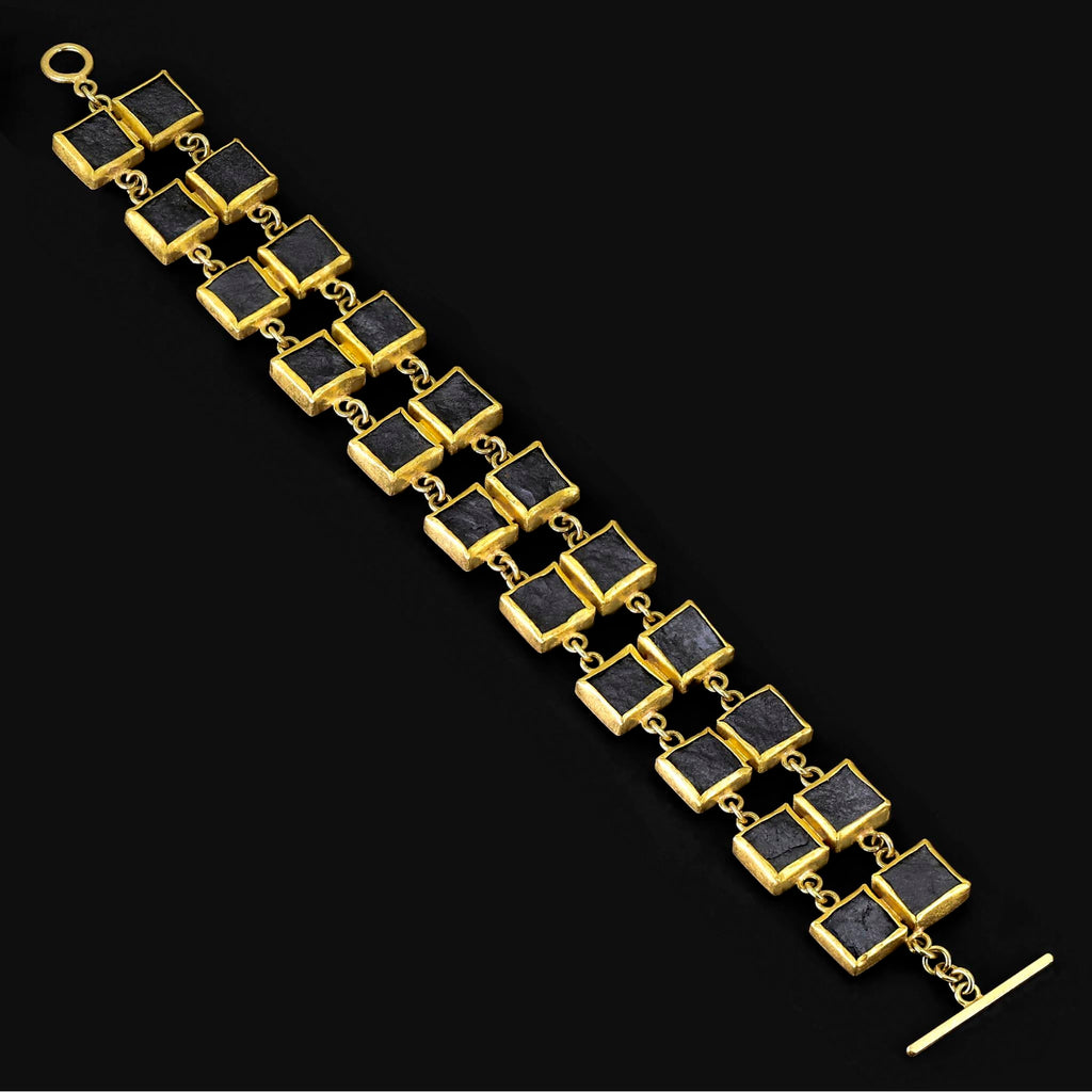 Petra Class Matte Square Hematite Double Square 22k Gold Chain Links Bracelet