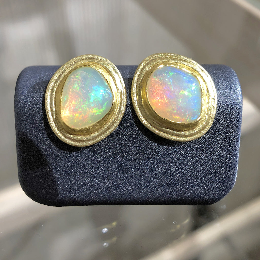 Petra Class Vivid Ethiopian Opal Gold Freeform Double Framed Stud Earrings Petra Class