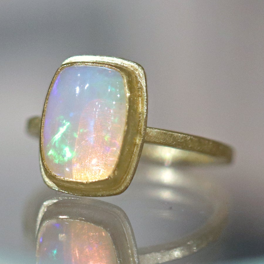 Petra Class Fiery Rainbow Ethiopian White Opal Cabochon Framed Matte Gold Ring Petra Class