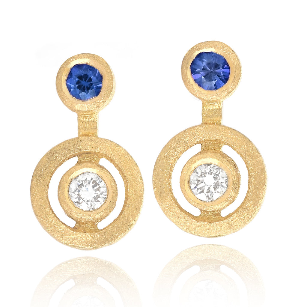 Shimell and Madden Diamond Blue Sapphire Satin Gold Stud Earrings Shimell and Madden