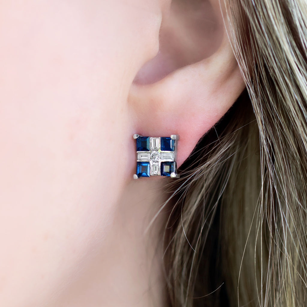 Russell Trusso Baguette Round Diamond Princess Blue Sapphire Stud Earrings Russell Trusso