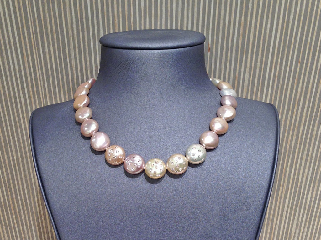 Russell Trusso One of a Kind Graduated Coin Pearl Diamond-Embedded Gold Necklace (Special Order) Russell Trusso