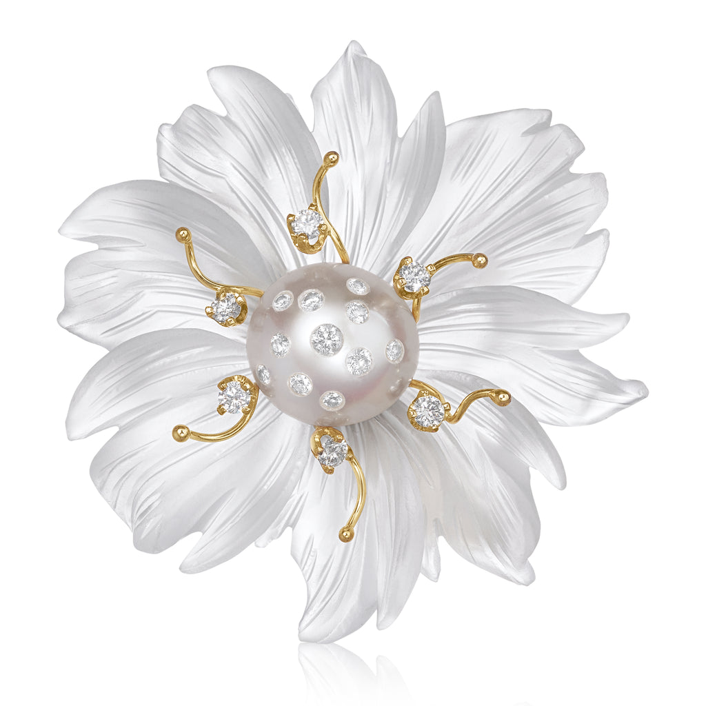 Russell Trusso Carved Rock Crystal White Diamond Pearl Flower Brooch Pendant Russell Trusso