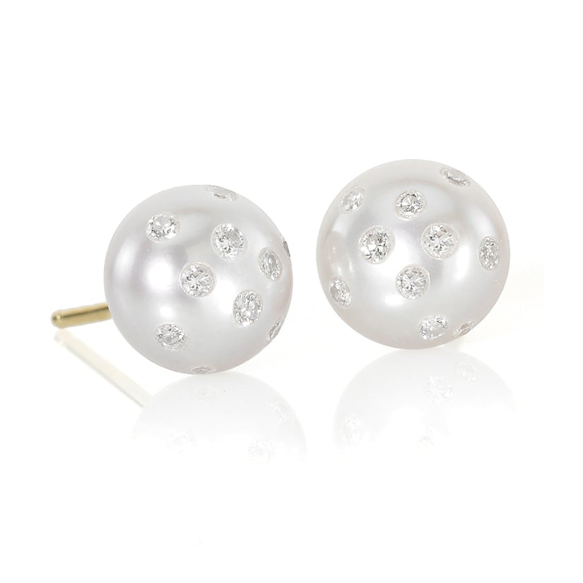 Russell Trusso White Freshwater Pearl Diamond Gold Stud Earrings (Special Order) Russell Trusso