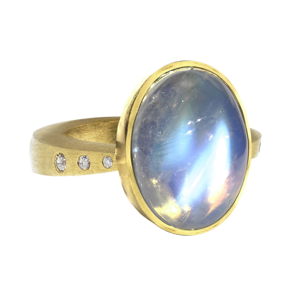 Robin Waynee Oval Rainbow Moonstone Diamond Gold Button Ring Robin Waynee