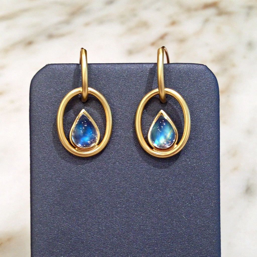 Susan Sadler Pear-Shaped Blue Moonstone Interlink Gold Hook Earrings Susan Sadler