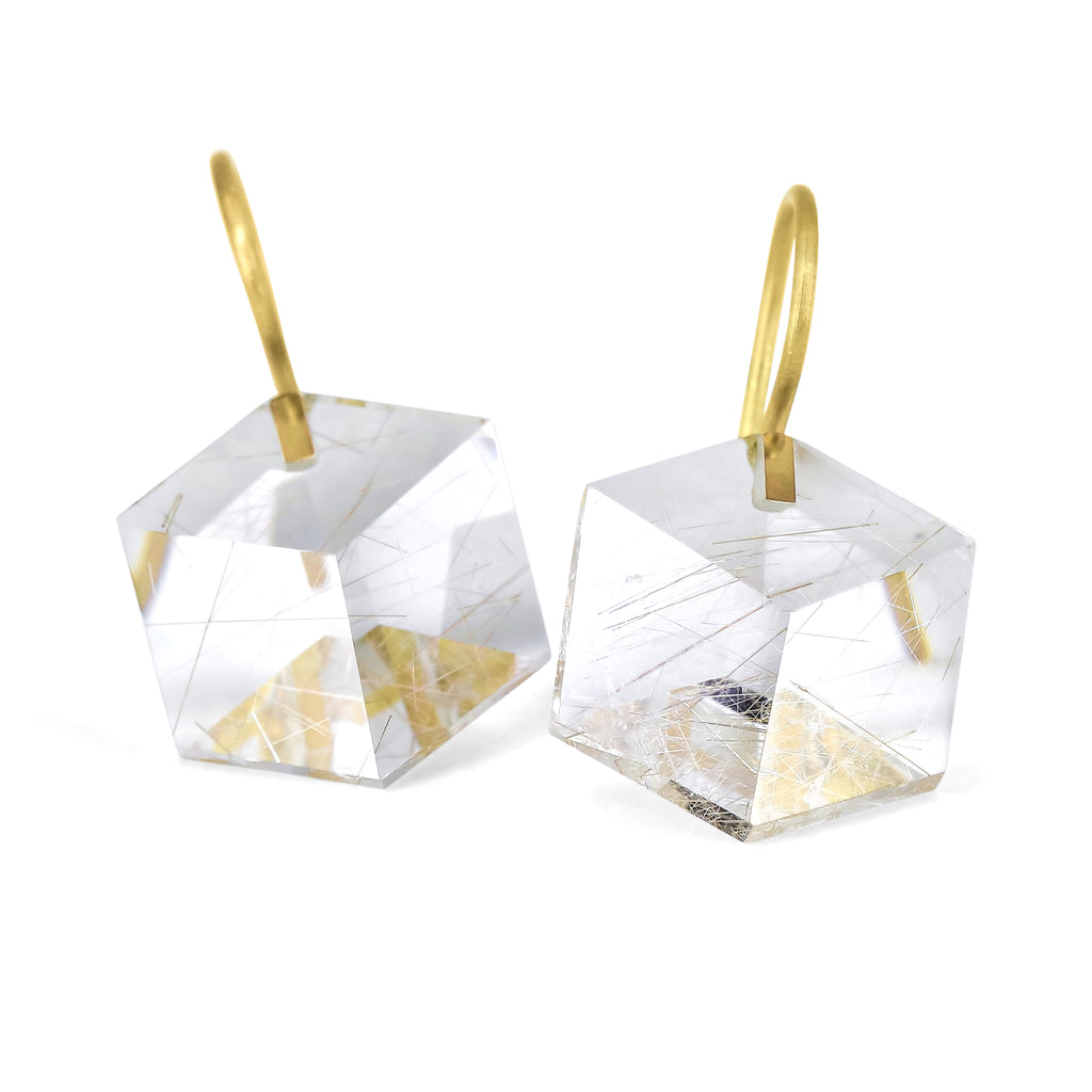 Talkative Rutilated Quartz 3D Cube Yellow Gold Drop Earrings Talkative