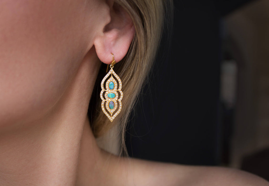 Lauren Harper Boulder Opal White Diamond Arabesque Drop Earrings (Special Order) Lauren Harper