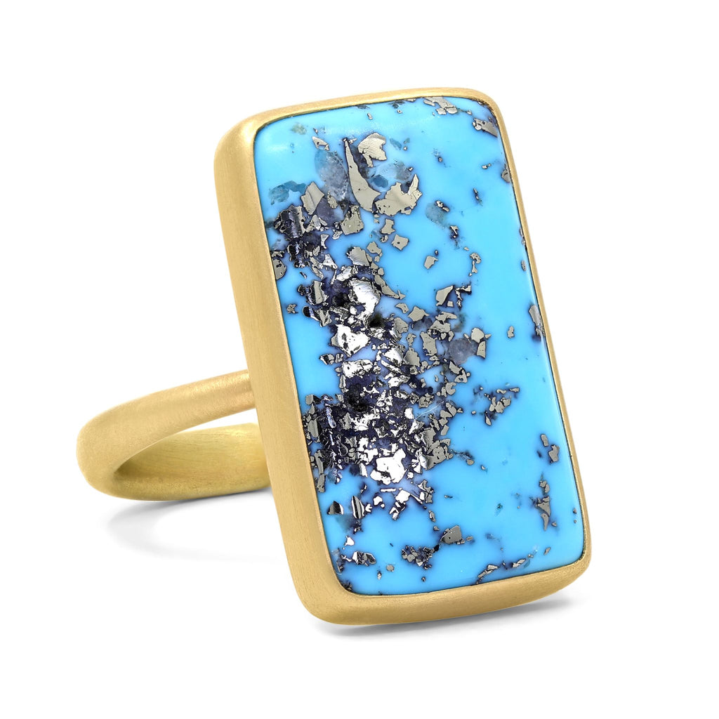 Lola Brooks Mirrored Pyrite in Turquoise Yellow Gold One of a Kind Ring