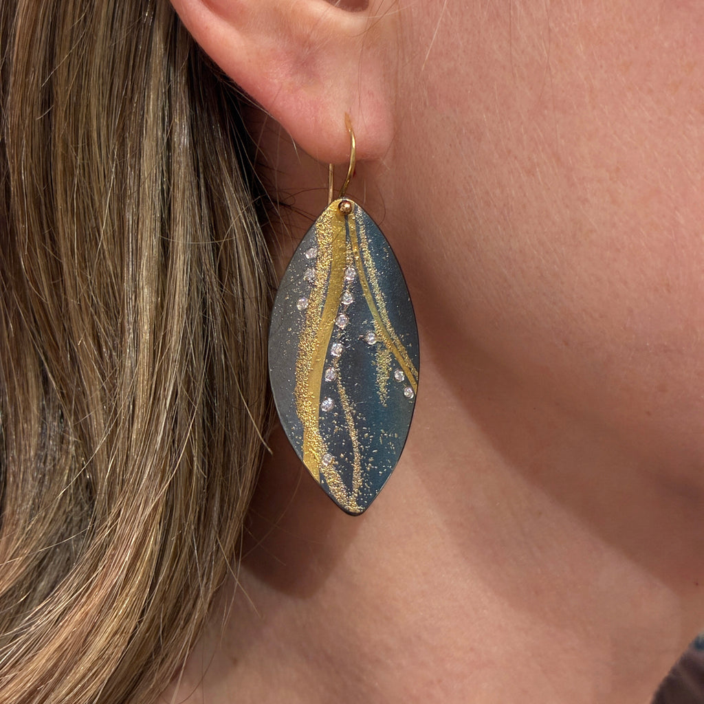 Atelier Zobel Diamond Gold Oxidized Silver Marquise Drop Earrings