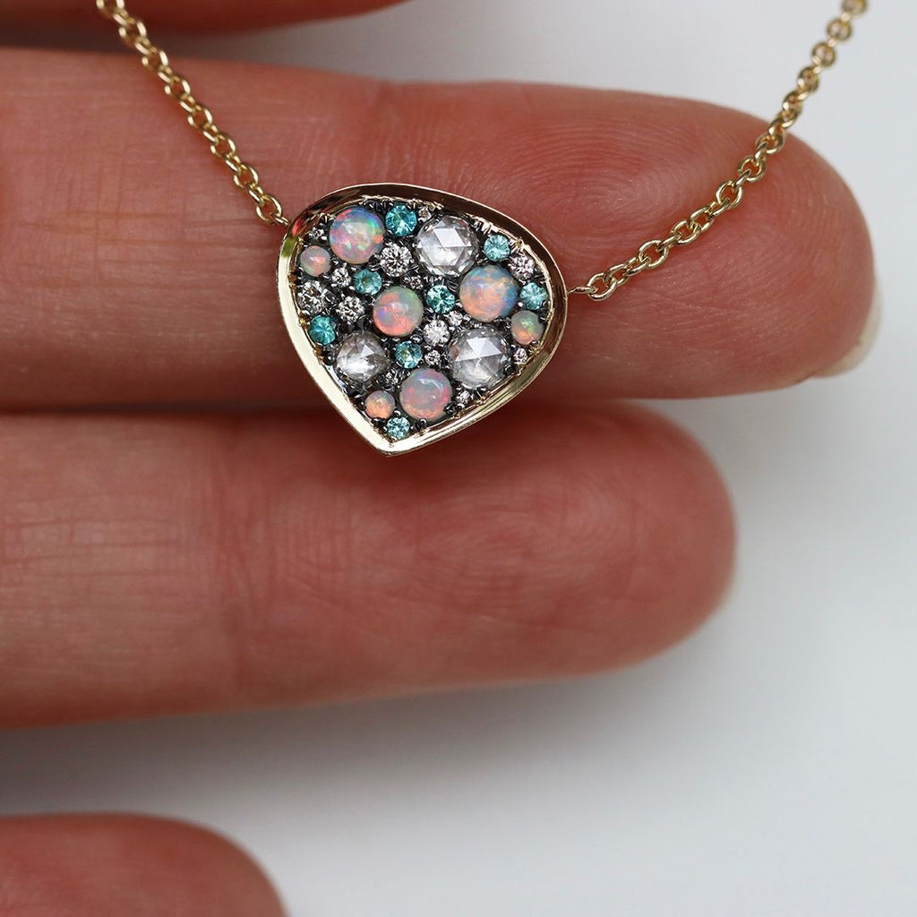 Joke Quick Australian Opal + Paraiba Tourmaline + White Diamond Gold Pendant Necklace