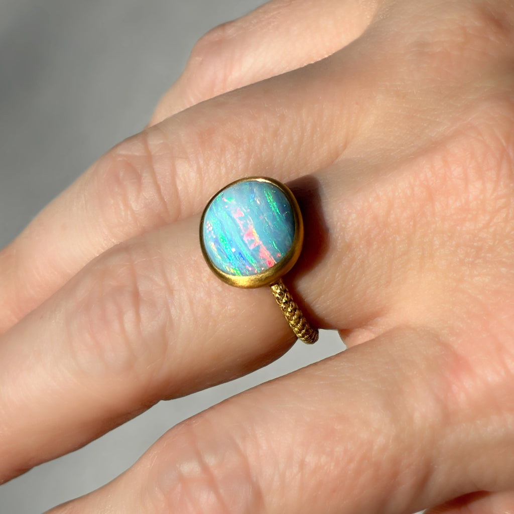 Talkative 6.21 carat Australian Boulder Opal Cabochon Yellow Gold Ring