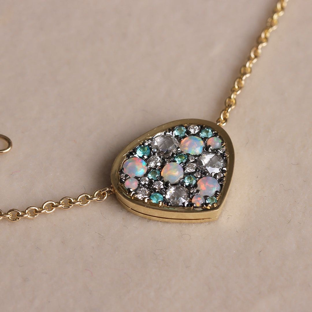 Joke Quick Australian Opal + Paraiba Tourmaline + White Diamond Gold Pendant Necklace