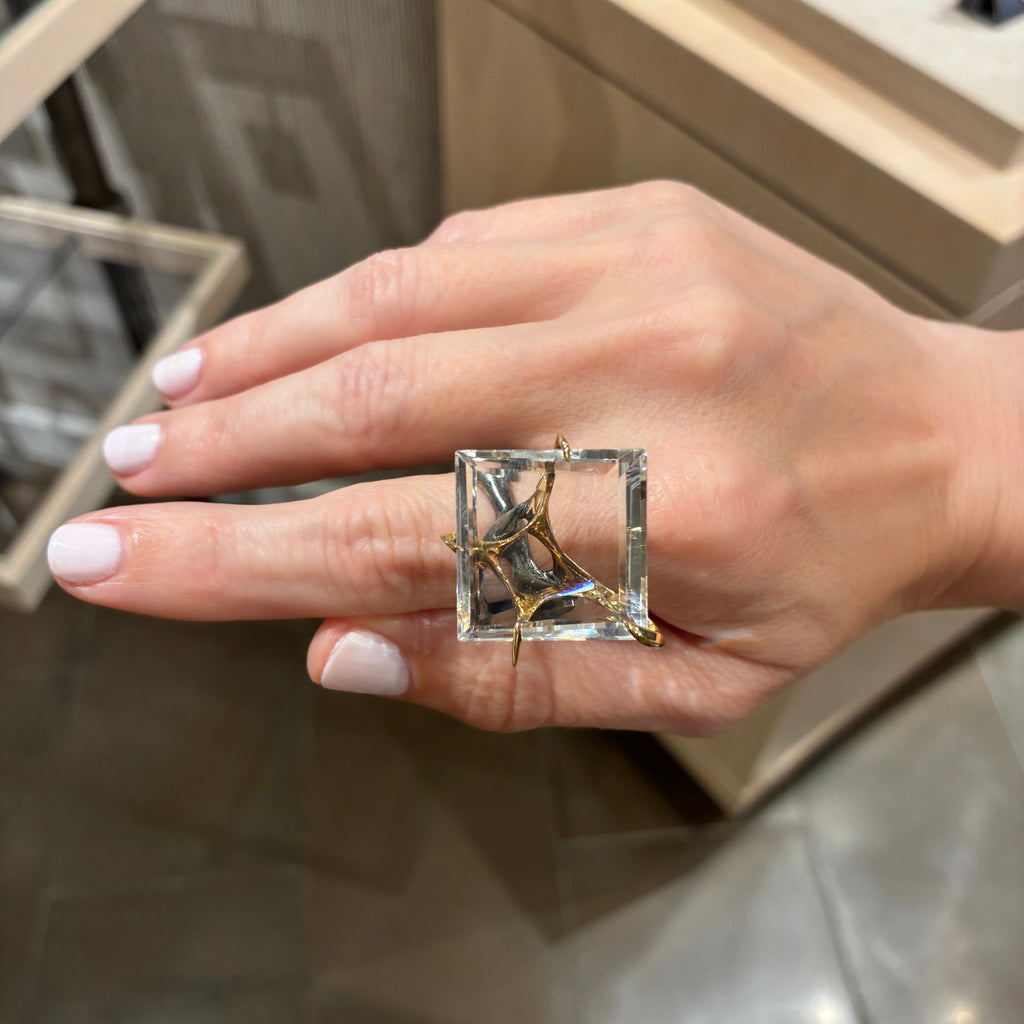 Kika Alvarenga Faceted Rock Crystal Oxidized Silver Yellow Gold Tiger Ring