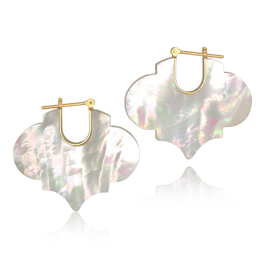 Talkative Mother of Pearl Gold Side Hoop Crest Earrings