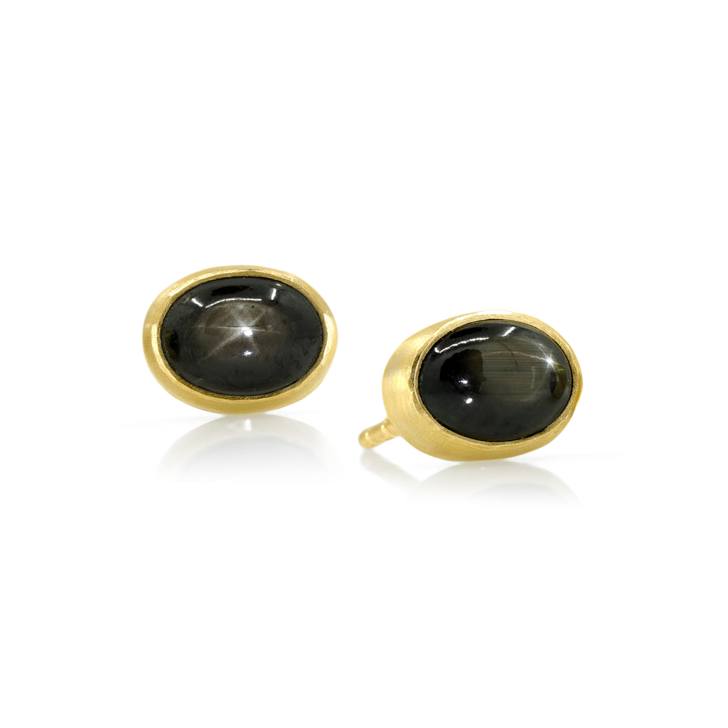 Monica Marcella Oval Black Star Sapphire Gold Stud Earrings