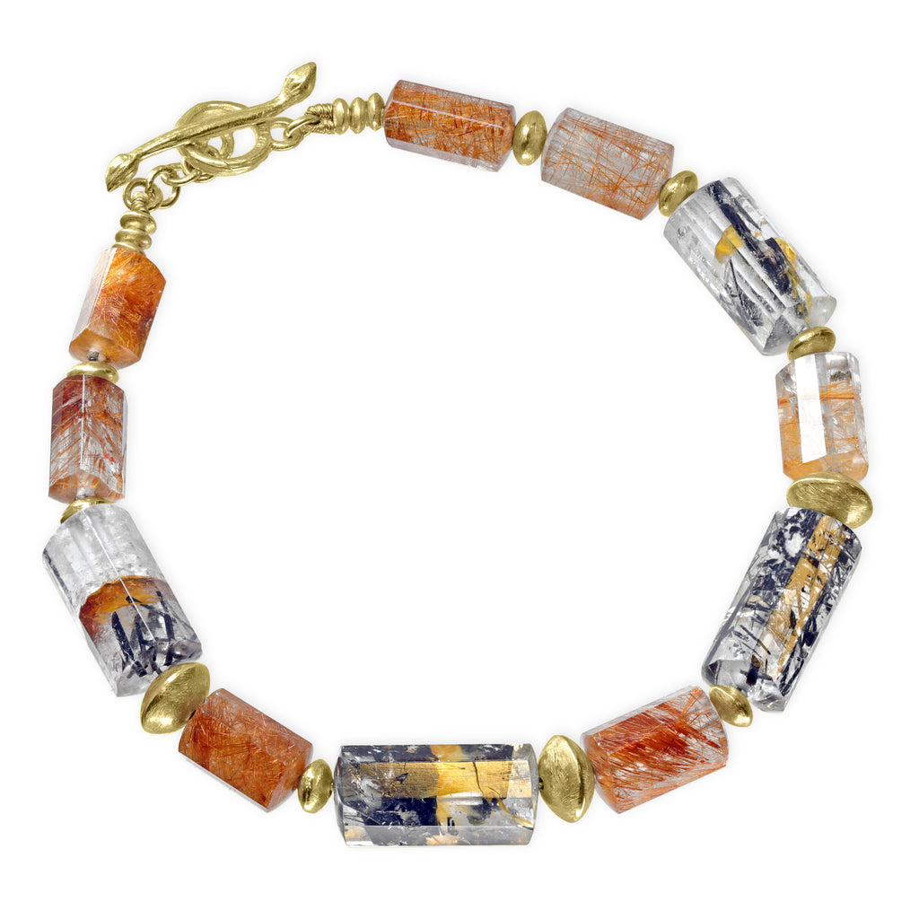 Barbara Heinrich Rutilated Quartz Crystal Bead Gold Barrel Bracelet