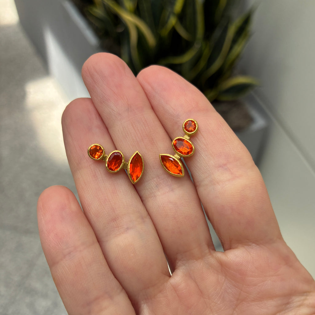 Petra Class Faceted Mexican Fire Opal Gold Climber Earrings