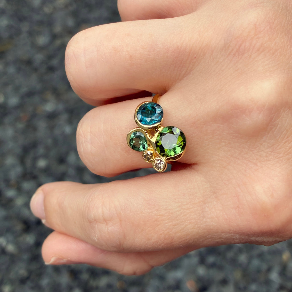 Kika Alvarenga Blue + Green Tourmaline Cognac Diamond Bouquet Ring