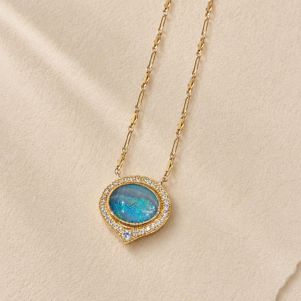 Just Jules Opal Cabochon Diamond Gold Pendant Necklace
