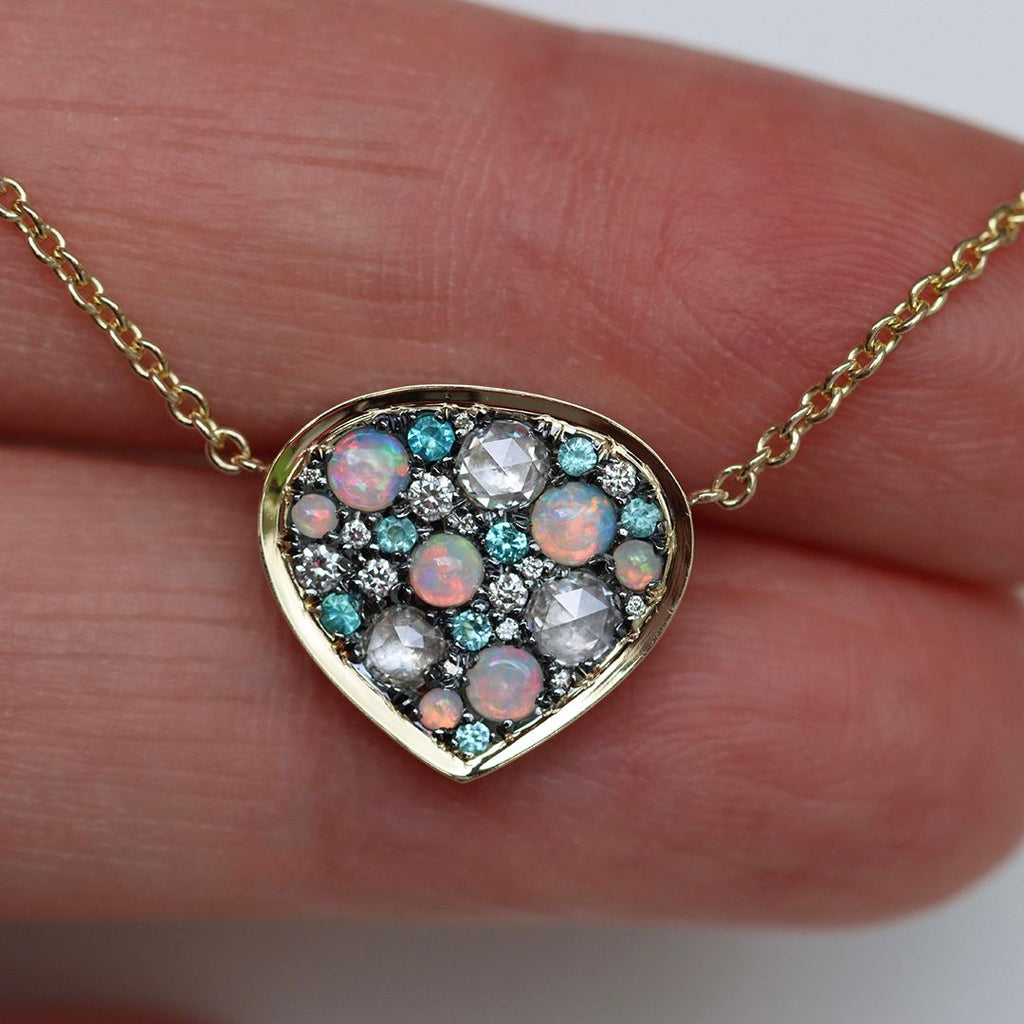 Joke Quick Australian Opal + Paraiba Tourmaline + White Diamond Gold Pendant Necklace
