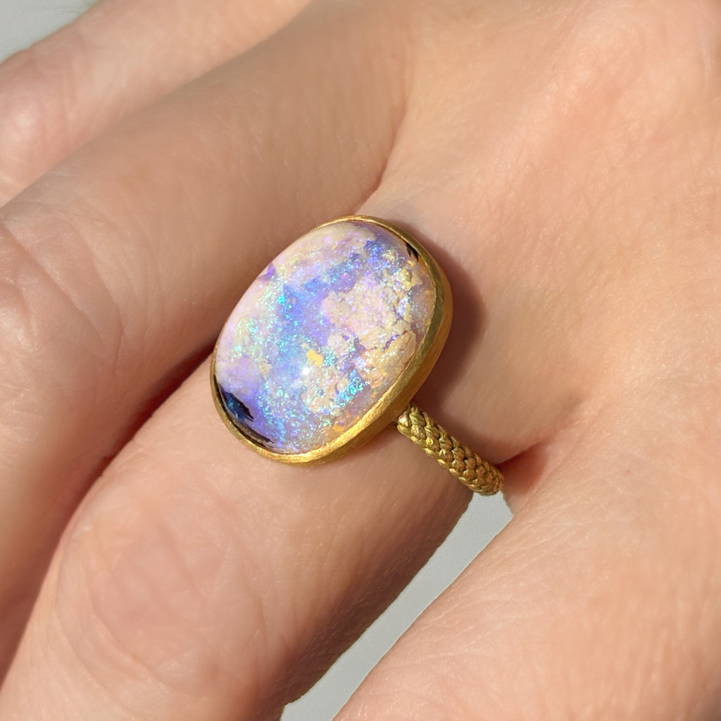 Talkative Rare Wood Opal Cabochon Gold One of a Kind Ring