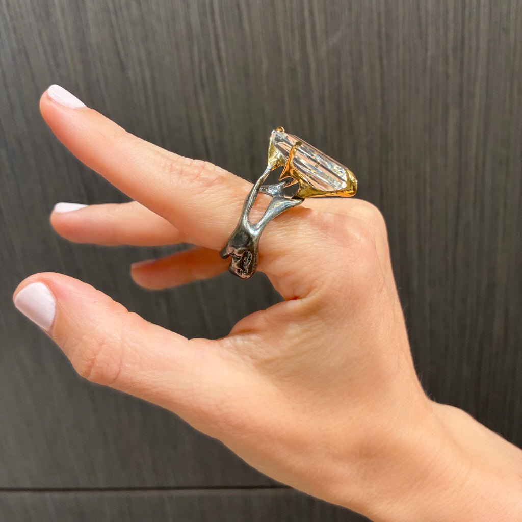 Kika Alvarenga Faceted Rock Crystal Oxidized Silver Yellow Gold Tiger Ring