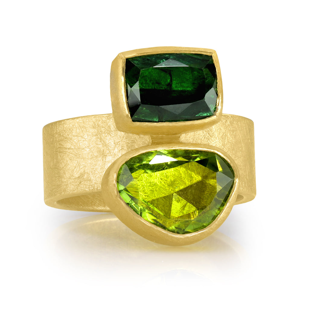 Petra Class Double Stone Faceted Green Tourmaline Gold Ring
