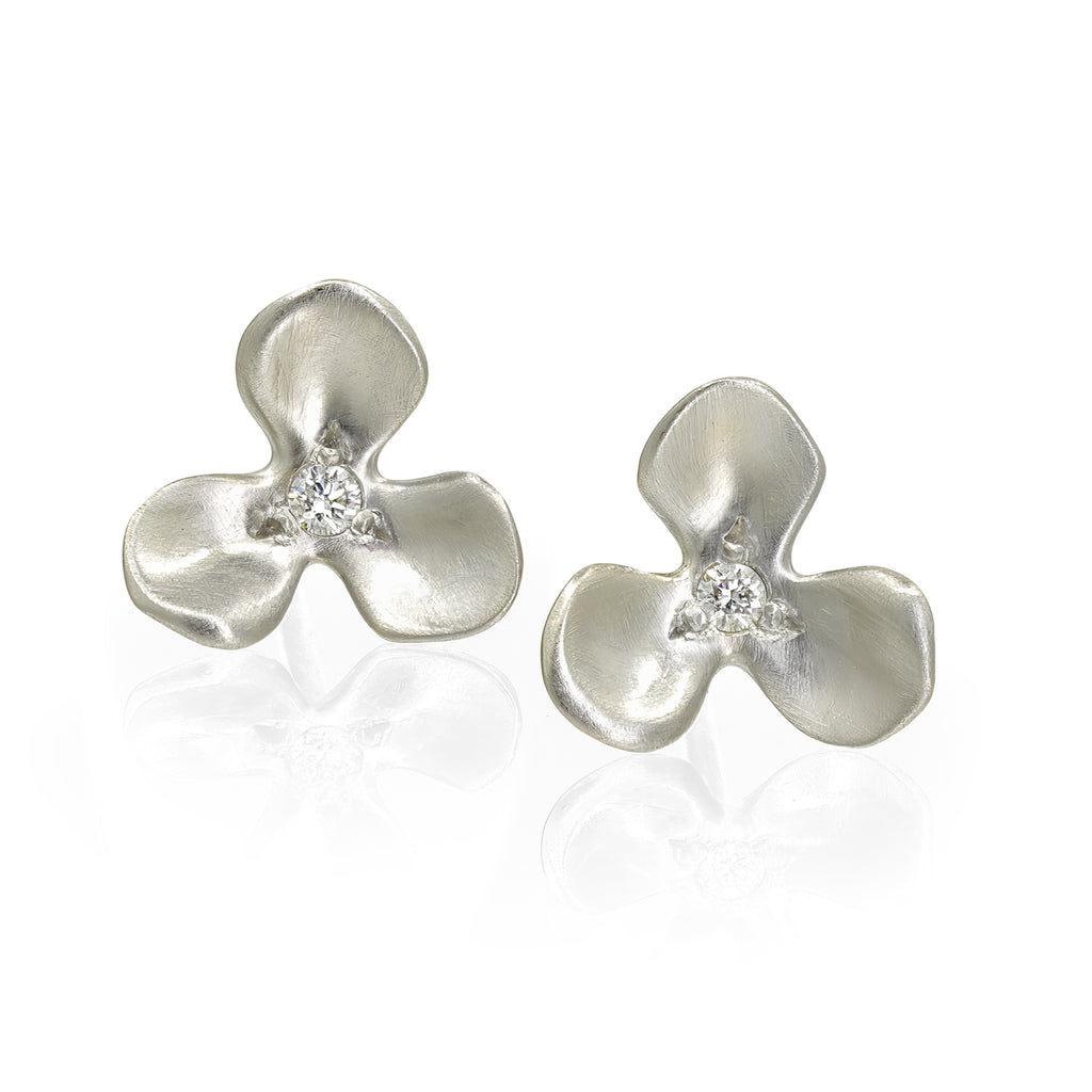 Branch Diamond White Gold Trillium Flower Stud Earrings