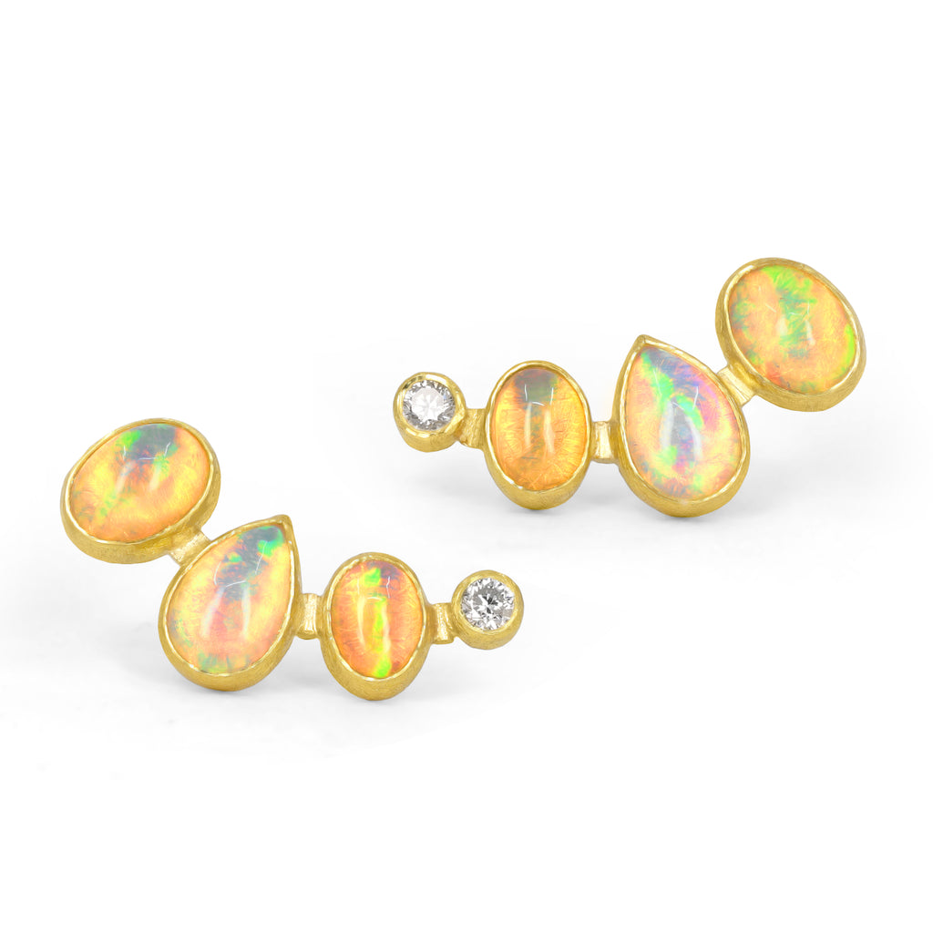 Petra Class Ethiopian Opal Diamond Gold Climber Earrings