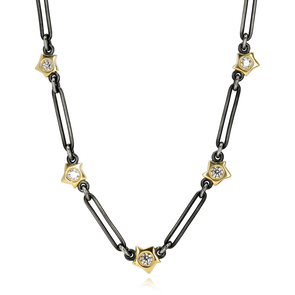Pedro Boregaard Star Wheel Diamond Gold Oxidized Silver Chain Necklace