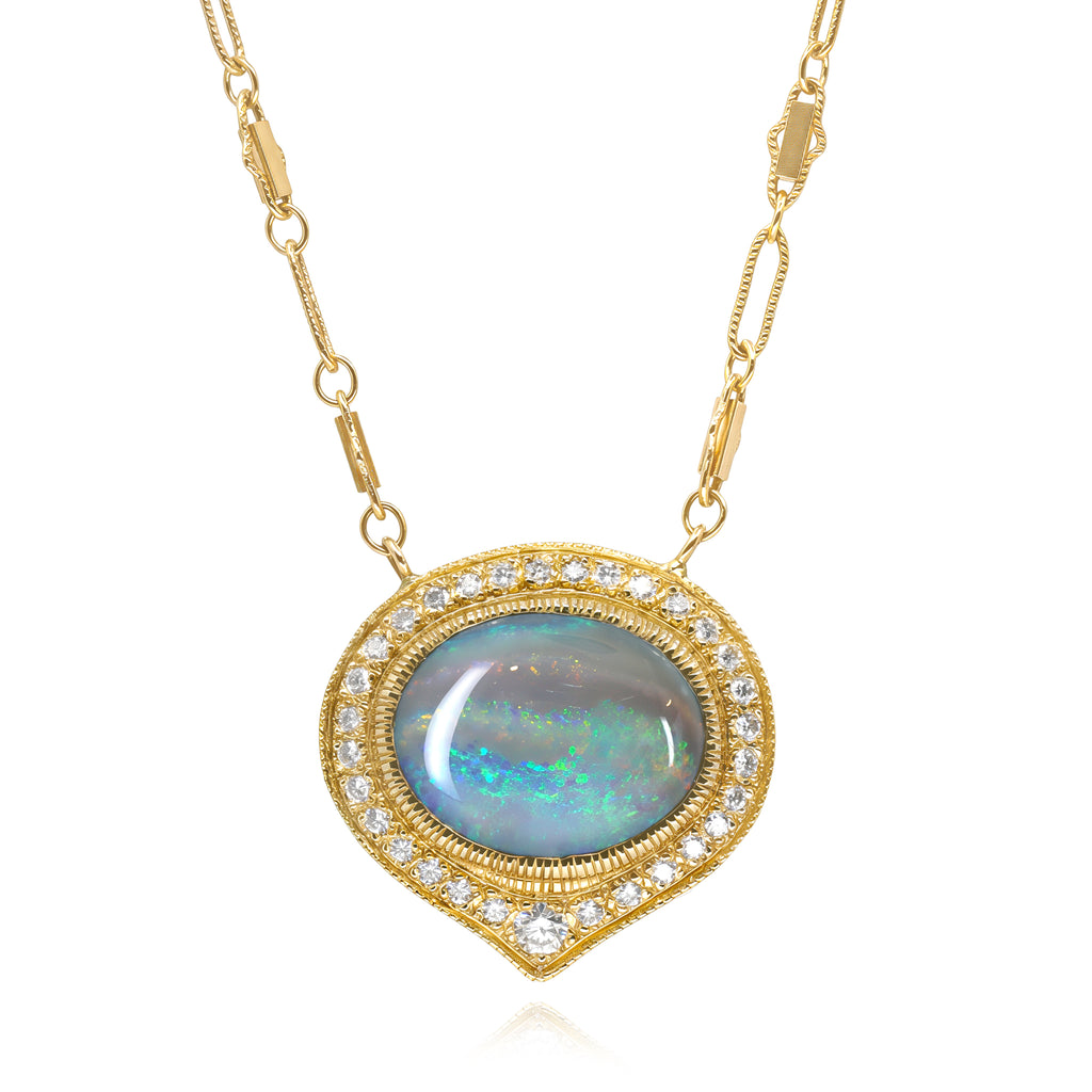 Just Jules Opal Cabochon Diamond Gold Pendant Necklace