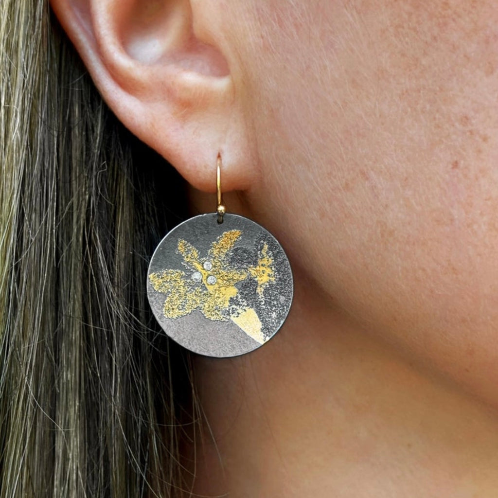 Atelier Zobel White Diamond Gold Oxidized Silver Petal Disc Drop Earrings