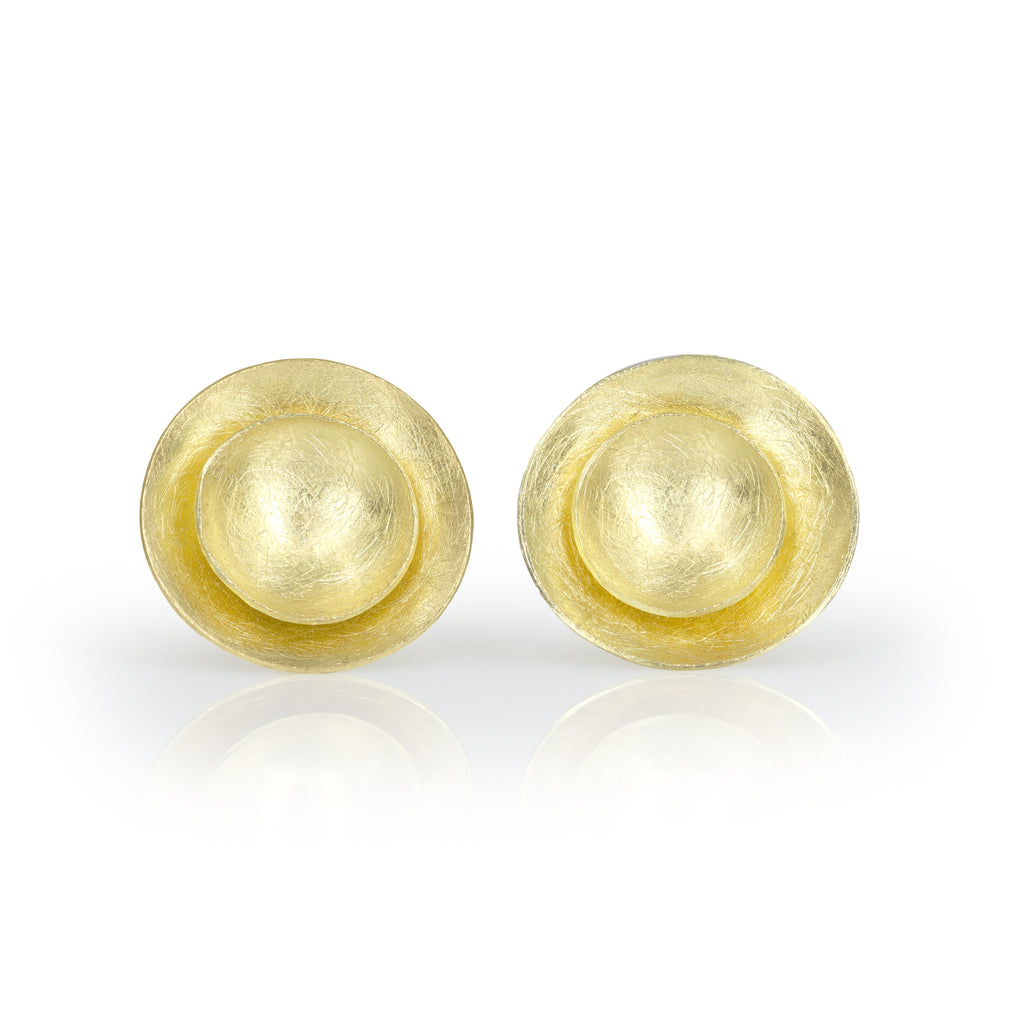 Petra Class Round Double Dish Gold Stud Earrings
